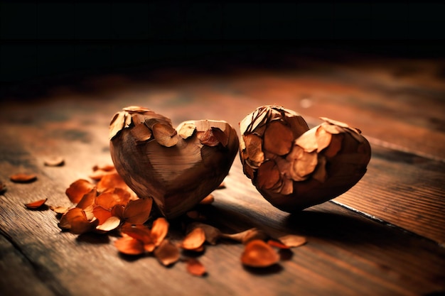 two simple wooden hearts on a brown floor