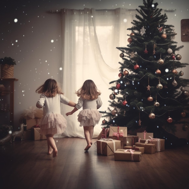 Two sisters running to Christmas tree to look for and unpack gifts from Santa Claus Holiday