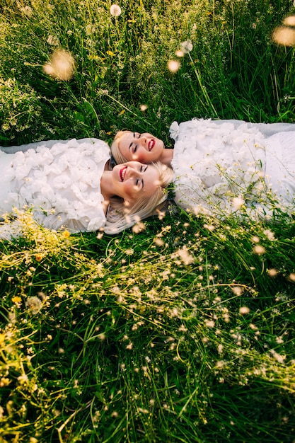 two sisters twins lying on green grass