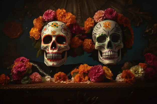 Two skeleton figures in a floral Day of the Dead altar Mexican tradition Generative AI