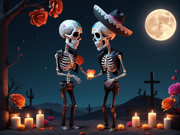 Two Skeletons In Halloween Costumes Standing Next To A Cemetery