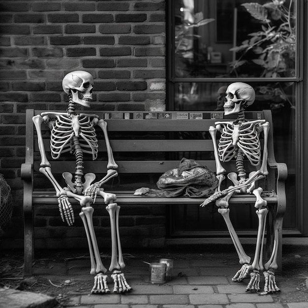 Two skeletons sit on a bench, one of which is a skeleton.