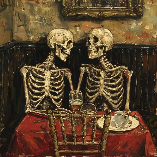 Photo two skeletons sit at a table with a red tablecloth