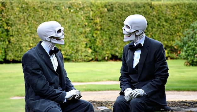 Two skeletons talking in front of a hedge