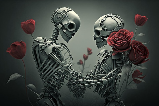 two skeletons with roses and a heart that says " death ".