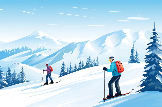 Two skiers go down a snowy slope Horizontal illustration Horizontal photo