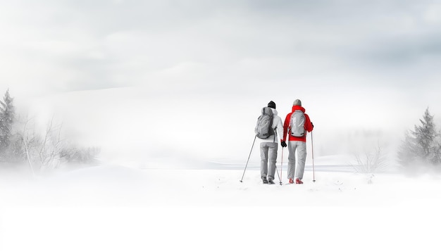 Two skiers riding together in the woods