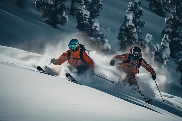 Two skiers skiing down a snowy mountain