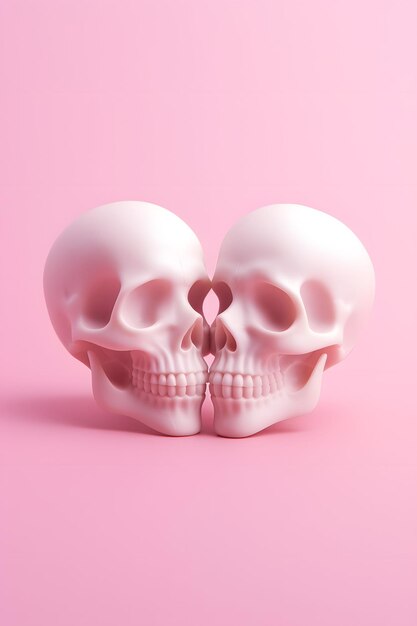 Photo two skulls in heart shape kissing on pastel pink background halloween concept