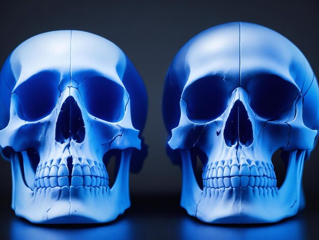 Two skulls sit side by side one of which is a skull and the other has a blue eye ai generated