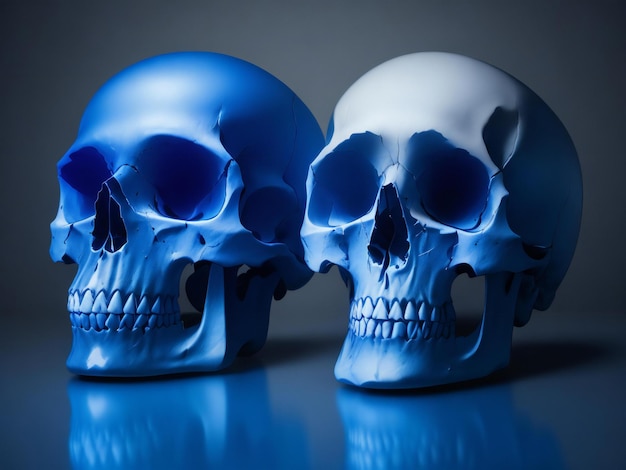 두 개의 두개골이 나란히 앉아 있는데 그 중 하나는 두개골이고 다른 하나는 파란 눈 AI가 생성되었습니다.