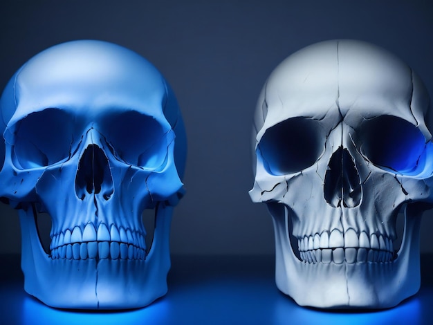 2 つの頭蓋骨が並んでいます。1 つは頭蓋骨で、もう 1 つは AI によって生成された青い目です。