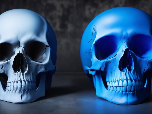 Two skulls sit side by side one of which is a skull and the other has a blue eye ai generated