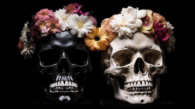 Фото Два черепа с цветами на головах, генеративный ии