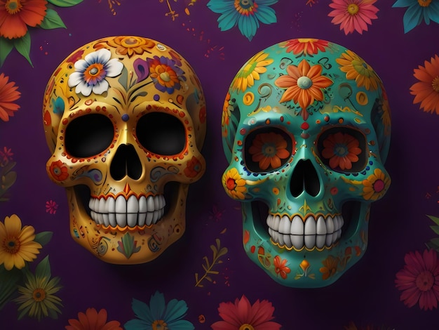 two skulls with flowers and a skull on them