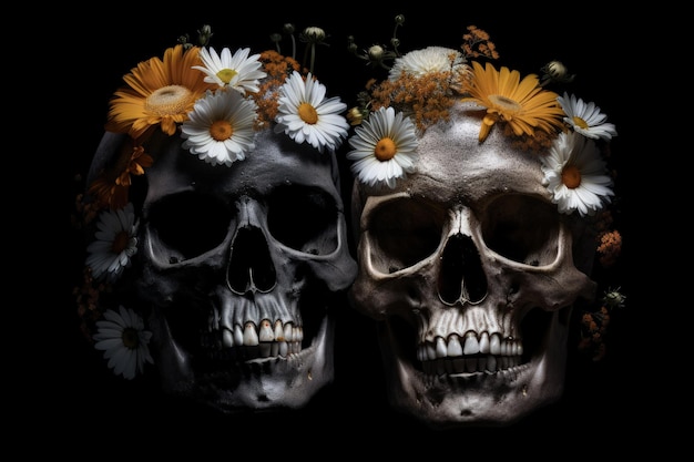 Two skulls with flowers on their heads generative AI