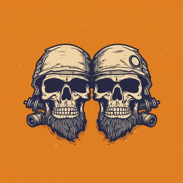 Photo two skulls with helmets and beards on orange background generative ai