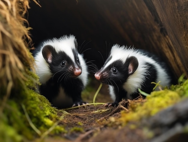 Two skunks in a hollow log