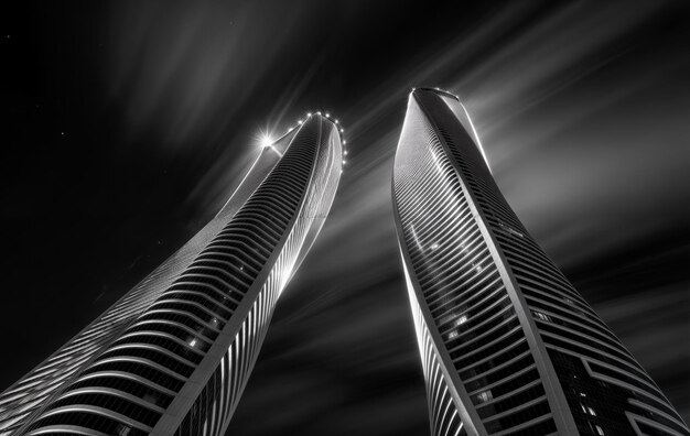 two skyscrapers in black and white with the word quot eiffel quot on them