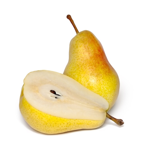 Two sliced ripe yellow pears isolated on white background