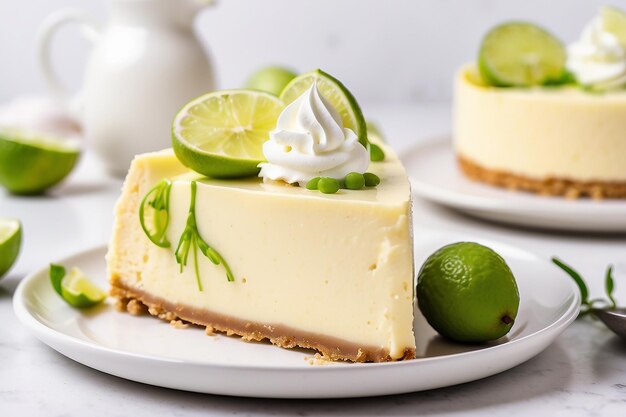 Foto due fette di key lime cheesecake su un grande piatto bianco