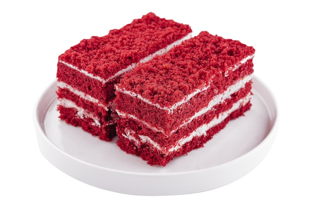 Two slices red velvet cake on plate