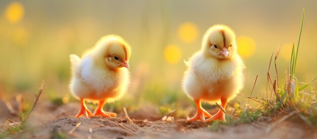 Photo two small baby chicks on a branch with grasses in back