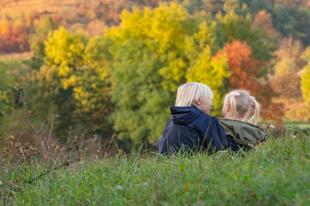 Two small blonde children sit hugging on grass on autumn landscape background Carefree childhood