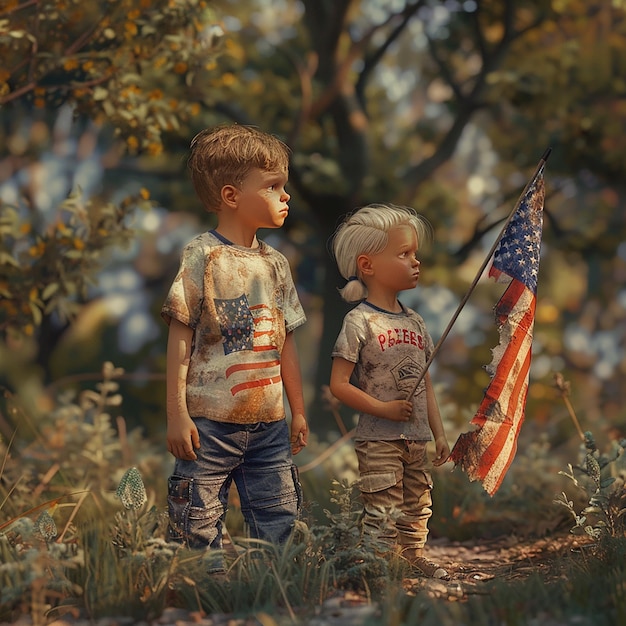 Photo two small boys are standing in a field with a flag and the word  usa  on it