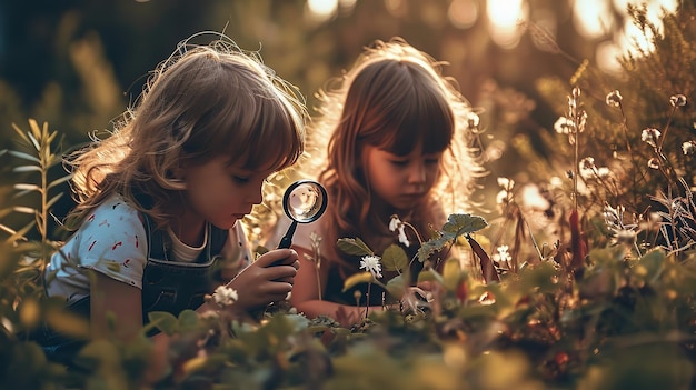 Two small children in a forest looking at plants under a magnifying lens with backpacks Generative AI