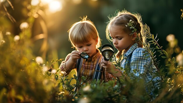 Two small children in a forest looking at plants under a magnifying lens with backpacks Generative AI