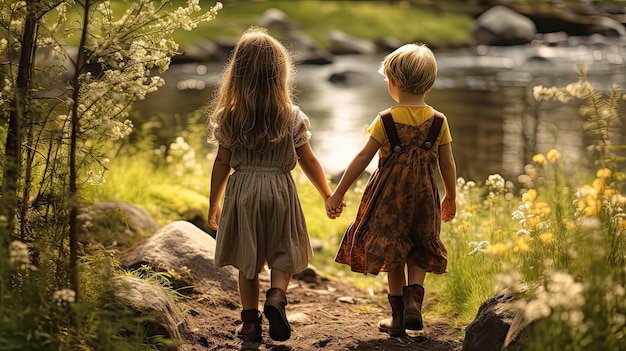 two small childrenfriends walking in the forest