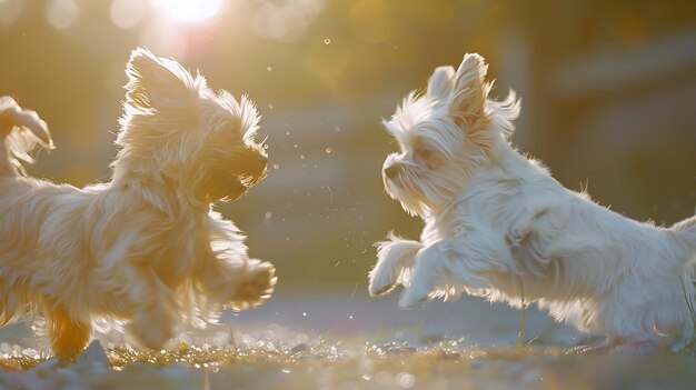 two small dogs playing together outdoors Generative AI