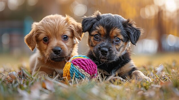 草 の 中 で ボール を 遊ぶ 二 匹 の 小さい 犬