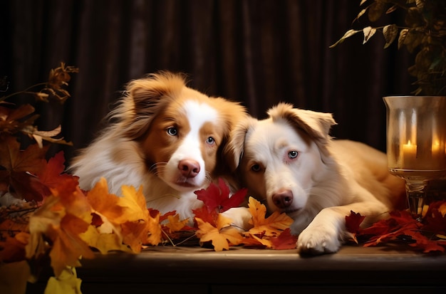 Photo two small dogs resting on leaves in background generative ai