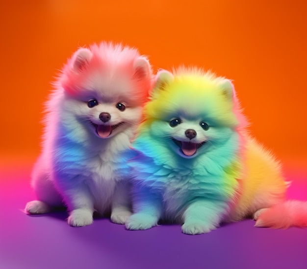 Two small dogs sitting next to each other on a colorful surface generative ai