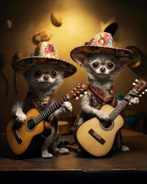 Two small dogs wearing sombreros and holding guitars