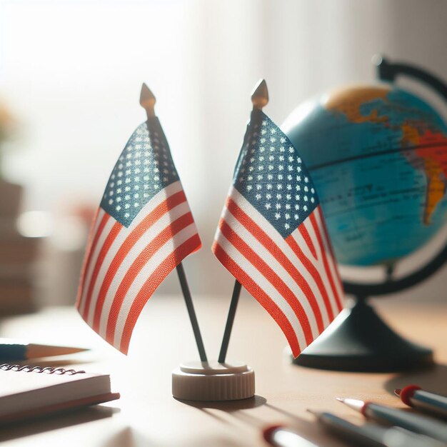 Photo two small flags on a table with a globe