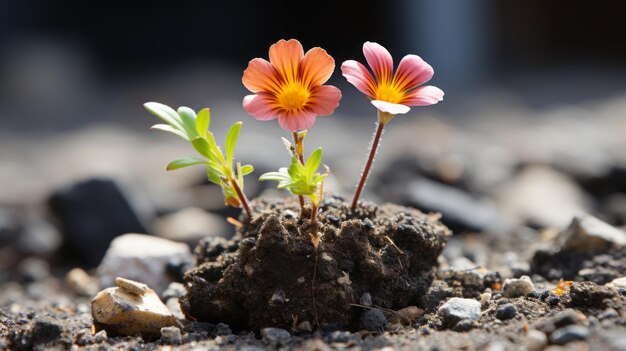 Photo two small flowers growing out of a hole in the ground