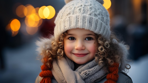 明るい青の屋外の深い雪の中でニット帽とスカーフを着た 2 つの小さな面白いおもちゃの赤ちゃん雪だるま