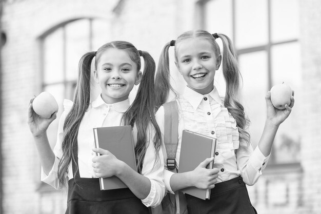 Фото Две маленькие девочки, готовые к учебе, делают домашнее задание вместе, сестры на обеденном перерыве с яблоком, здоровое и счастливое детство, сестринское братство и дружба, лучшие друзья из школы. приятное времяпрепровождение.