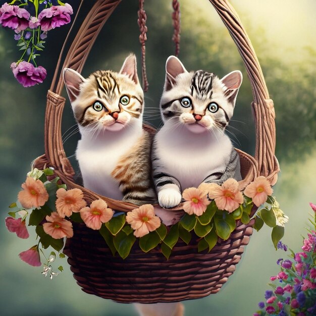 Two small kitty sitting on basket