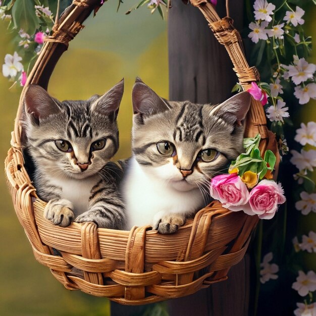 Two small kitty sitting on basket