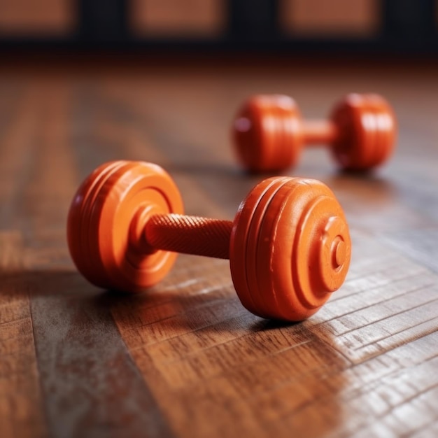 two small orange dumbbells lie on the floor in the middle of the gym Generative AI