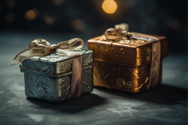 Two small silver and gold gift boxes with gold ribbons and a bow on the top.