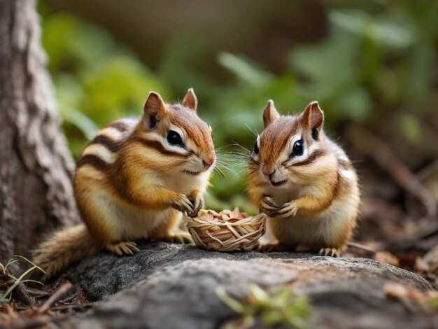 two small squirrels are sitting on a log and one is holding a ball of food