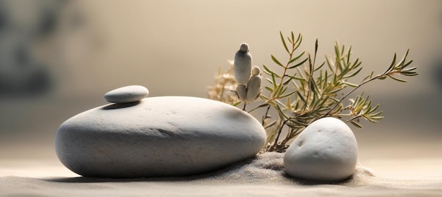 Two small stones and plants arranged on top of each other