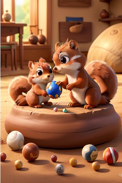 Two small tiny cute red squirrels play with marbles and a huge walnut golden hour with brunaille