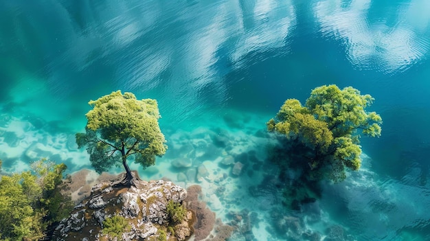 Two small trees grow on a rocky outcropping in the middle of a lake The water is crystal clear and you can see the rocks and plants on the bottom