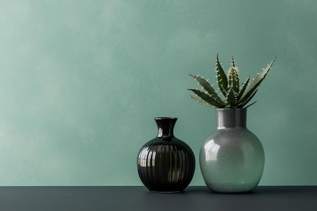 Two small vases with a plant in them sit on a table.